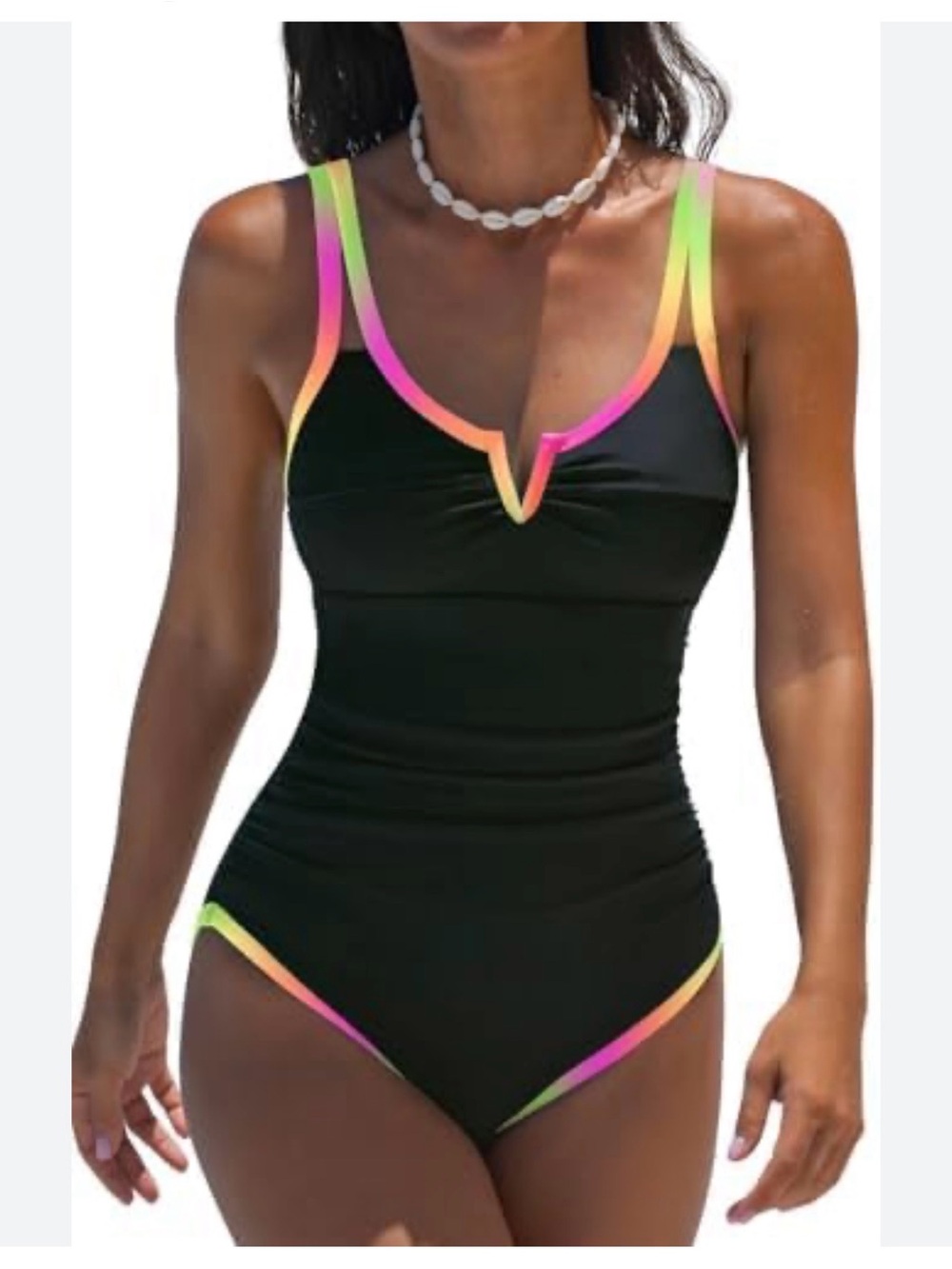 🌼Black One-Piece Swimsuit with Neon Ombre Trim